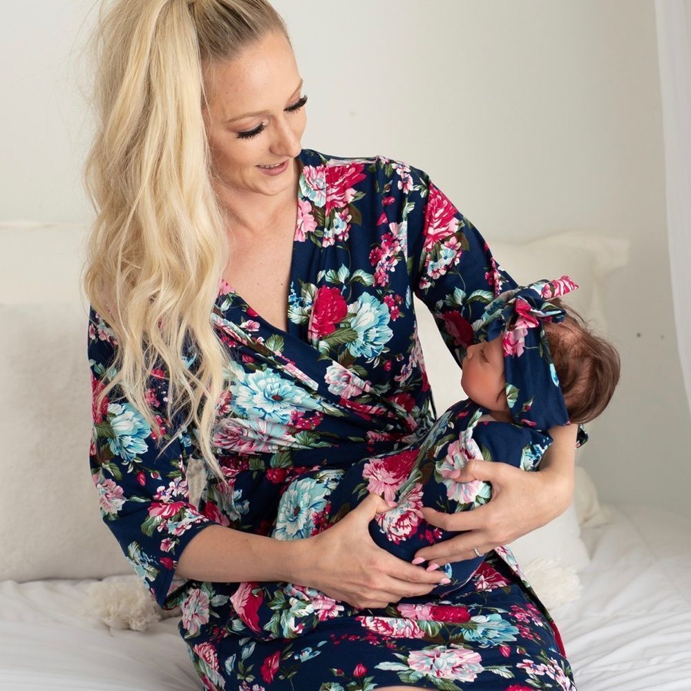 Little Adam & Eve Navy Floral Robe & Floral Swaddle Set size Small